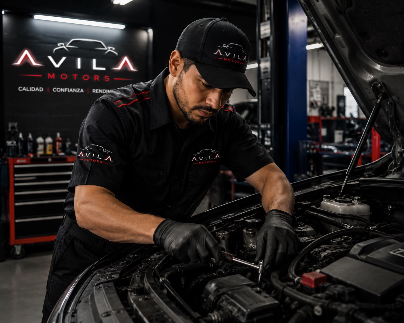 Mechanic working carefully in premium workshop environment